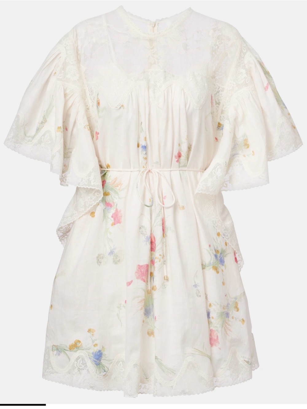 Zimmermann Cream Floral Lace-Trim Dress with Pastel Blooms